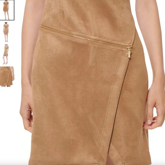 Camel Faux Suede Mini Dress – Square Neck Zip Detail Short Sleeve Calvin Klein - Picture 5 of 5